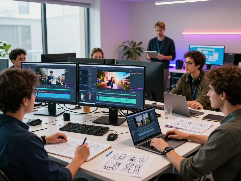 Creative team collaborating on seedance 2.0 video production in a modern studio.
