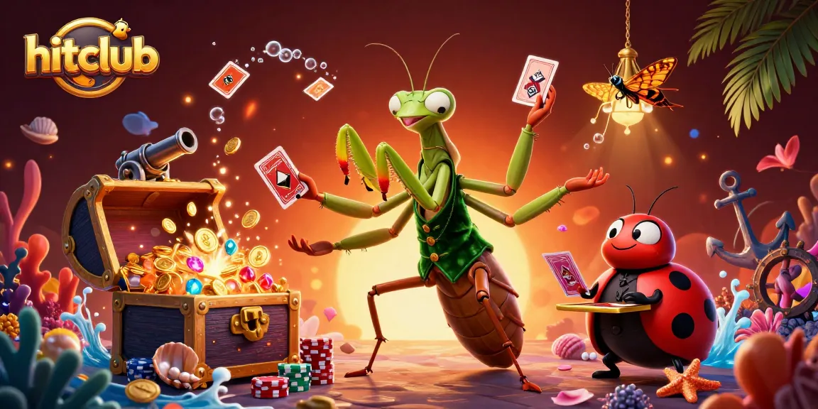 Hitclub's giant praying mantis card sharp deals cards in a vibrant casino scene full of action.