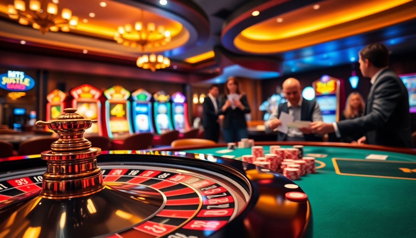 Engaging scene of gamblers at https://rr9988.net/ featuring roulette, poker, and vibrant slot machines.