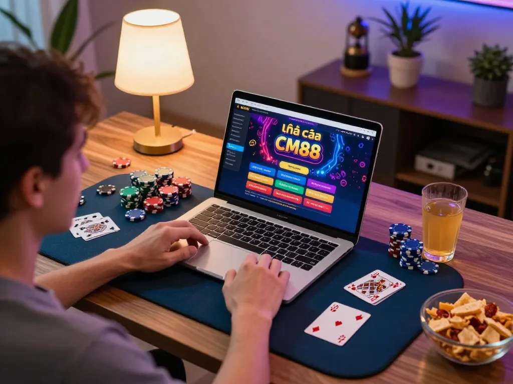 Person engaging with the nhà cái CM88 online casino interface in a stylish home setting, capturing the excitement of online gambling.