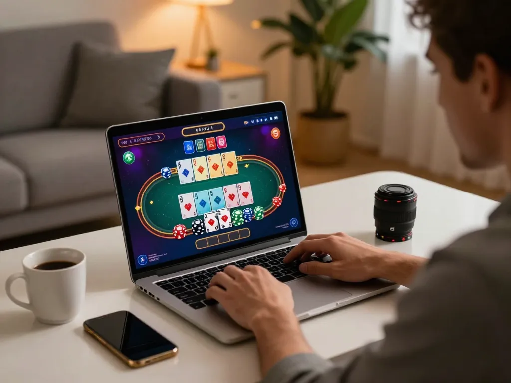 Permainan poker online yang menarik di MejaVIP dengan seorang pemain yang fokus pada laptopnya, menunjukkan aksi taruhan yang strategis.