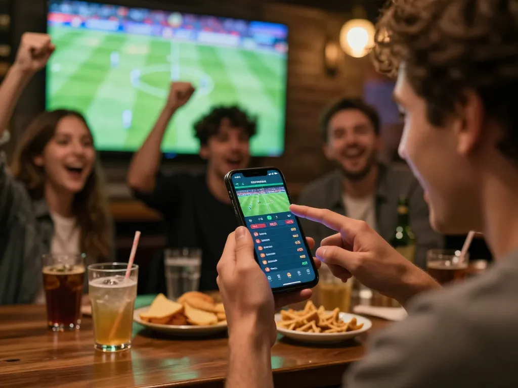 Engaging sports betting scene with liveฟุตบอล match and active betting app on smartphone, capturing excitement.