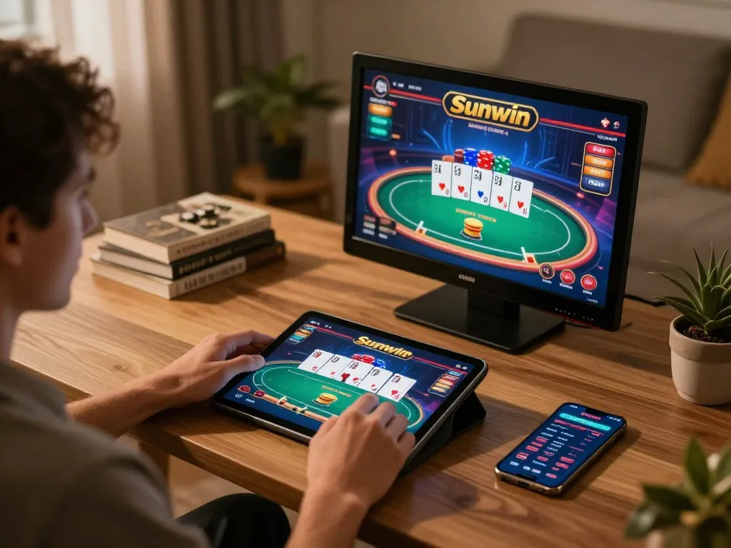 Player engaging in Sunwin online poker game at home with tablet and smartphone.