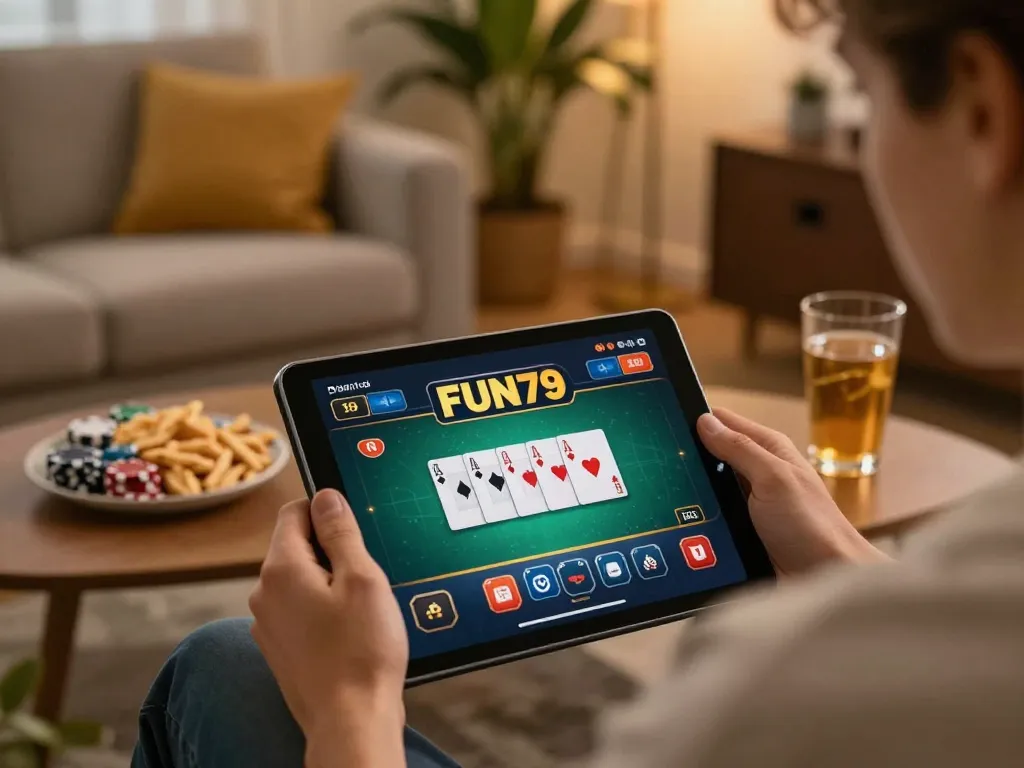 Engaging in online FUN79 poker gaming on a tablet at home with cozy ambiance