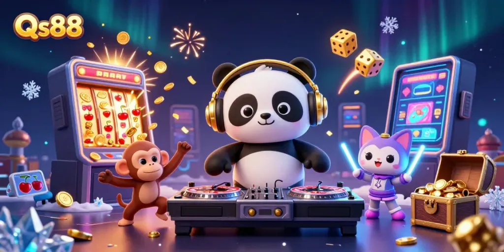 Experience the vibrant excitement of Qs88 with dynamic casino elements and cartoon characters.