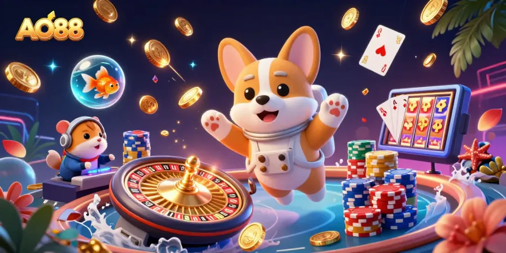 Experience the vibrant gaming atmosphere at AO88 with a lively scene featuring a corgi, a hamster, and a goldfish in a space station casino.