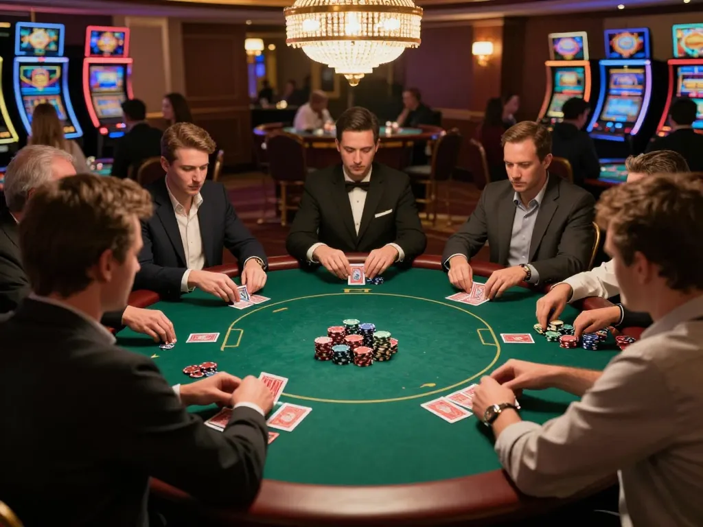 Engaged players at HELLO88 poker table strategizing their next move in a luxurious casino atmosphere.