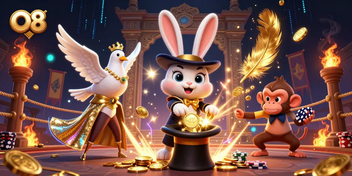 O8 presents a vibrant 3D scene featuring a magician rabbit revealing golden coins, engaging gamblers with excitement.