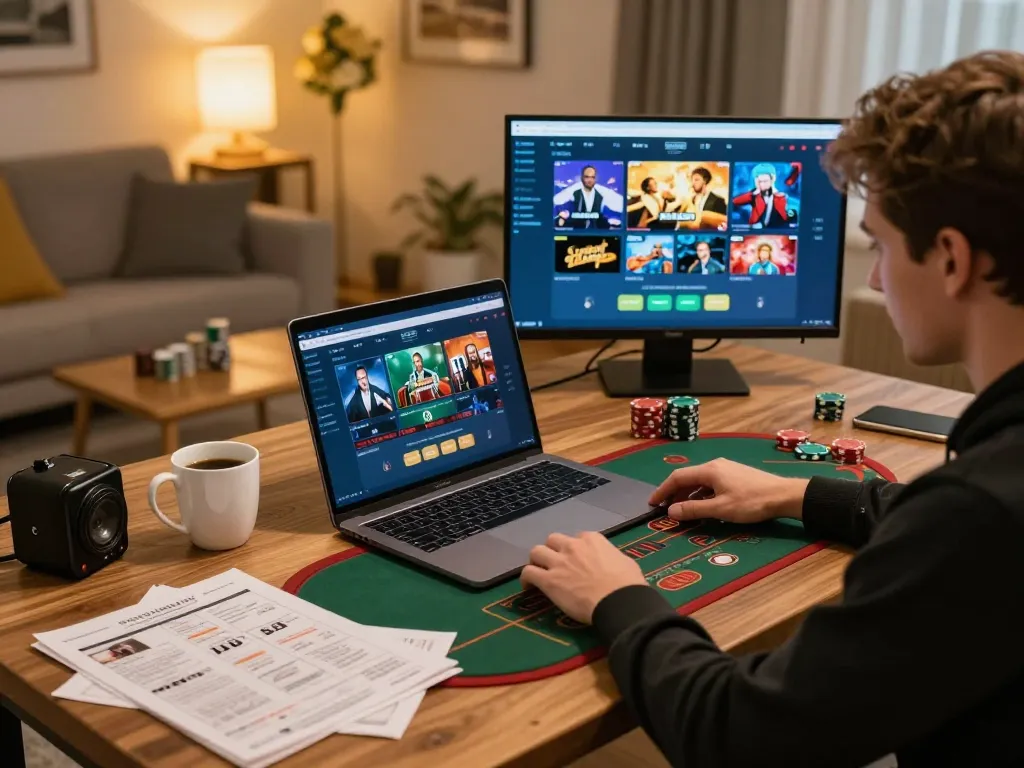 Engaging in FLY 88 live dealer games from a cozy home setup, showcasing an online gaming atmosphere