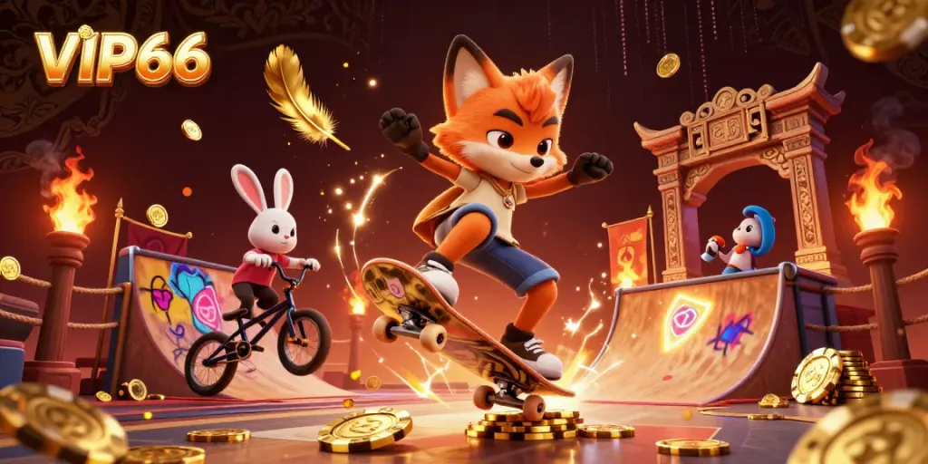 Catch the thrill of VIP66 with a skateboarder fox and BMX rabbit performing daring tricks over golden poker chips.