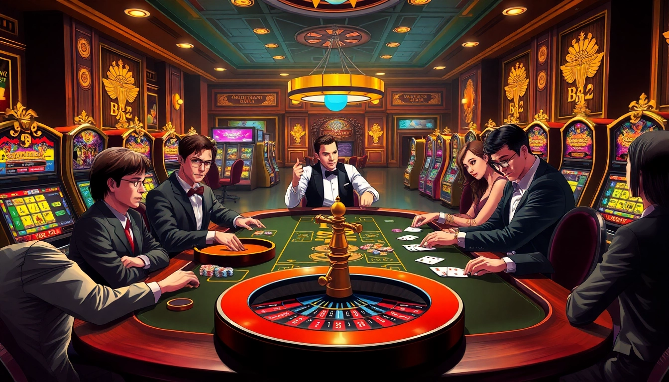 B52 players enjoy a thrilling casino experience at a high-stakes gambling table.