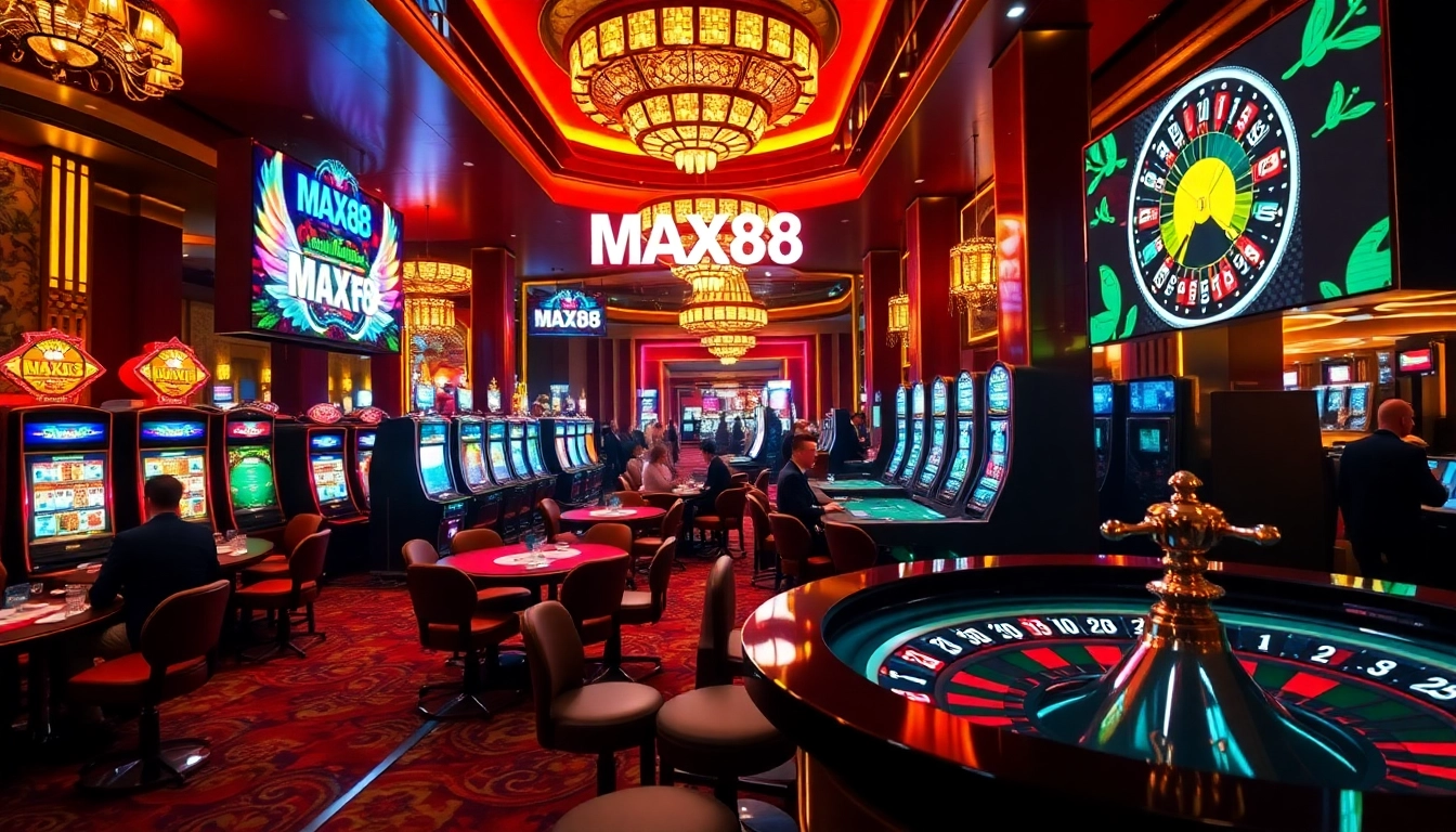 Players enjoying various games at MAX88 casino, with glowing slot machines and tables.