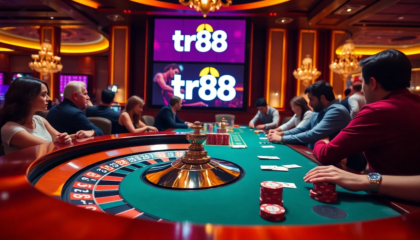 Experience thrilling gameplay at tr88 with casino tables and vibrant poker chips.