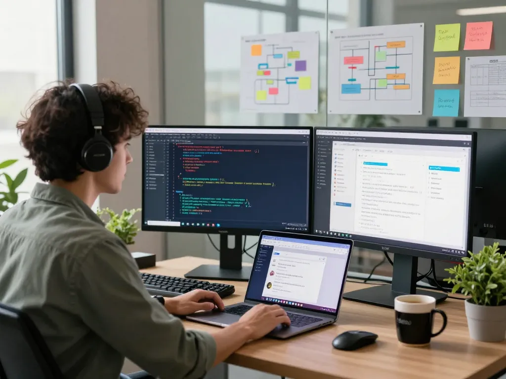 Moltbot enhancing productivity in a collaborative tech workspace with developers and code on dual monitors.