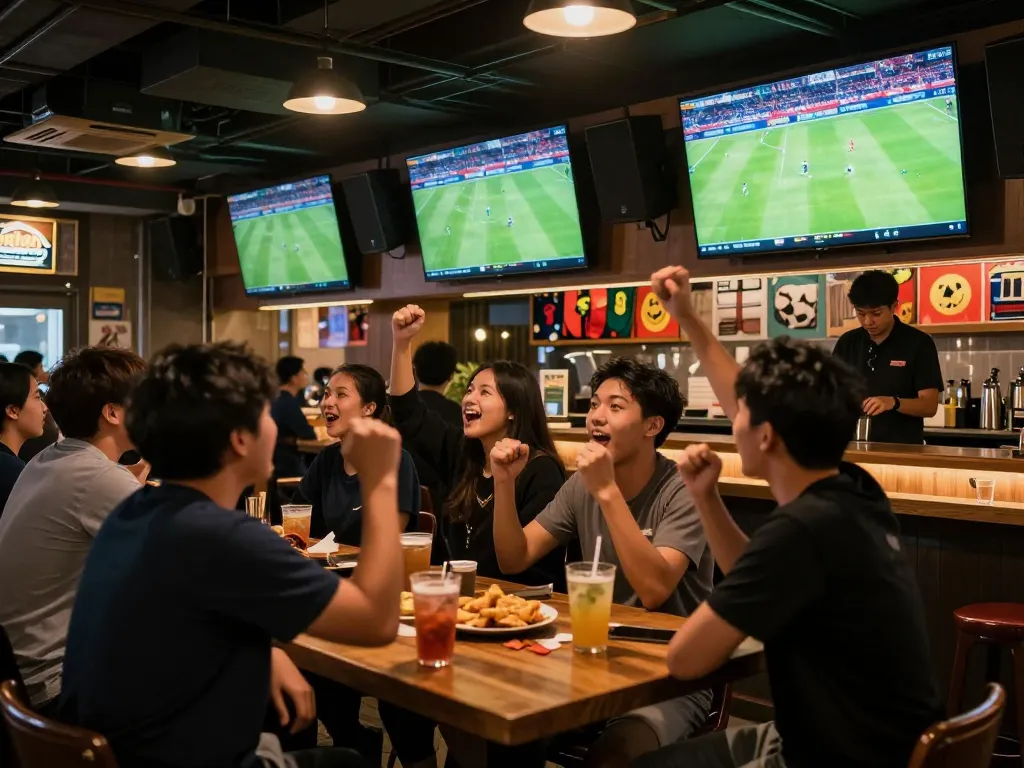 Fans enjoying an exciting football match while placing bets on บอล ออนไลน์, celebrating every goal.