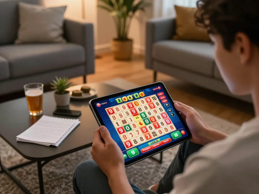 Engaging player checking lotto 4d 9 results on tablet in cozy home setting.