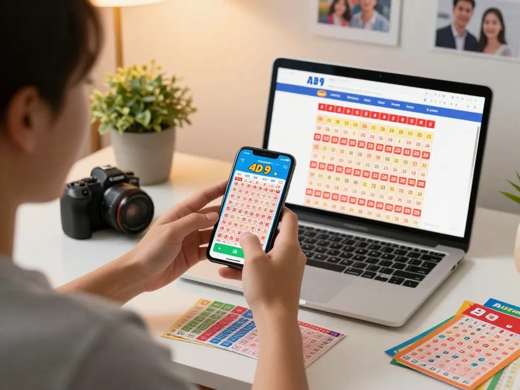 Lotto 4D 9 player checks winning numbers on their smartphone during a live draw, creating an atmosphere of excitement and anticipation.