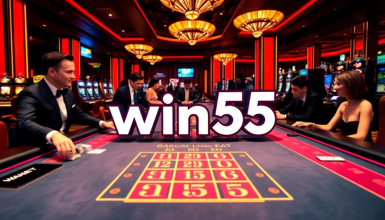A lively casino scene featuring the Win55 logo, players enjoying Baccarat, and vibrant slot machines.