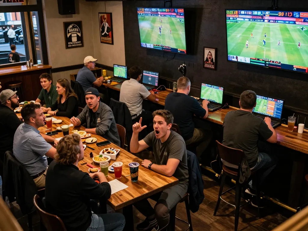 Betting excitement at 123B sports bar with lively crowd and multiple screens displaying events.