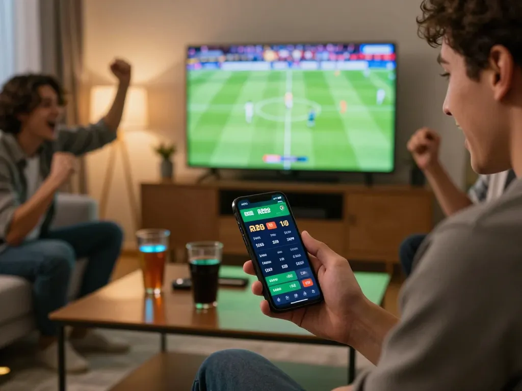 RR88 sports betting enthusiast engaging with live odds on smartphone while watching football match at home.