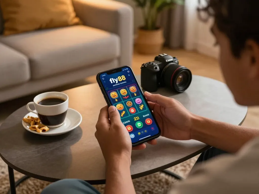 Player engaging with the fly88 app on smartphone in a cozy setting, showcasing online gaming excitement.