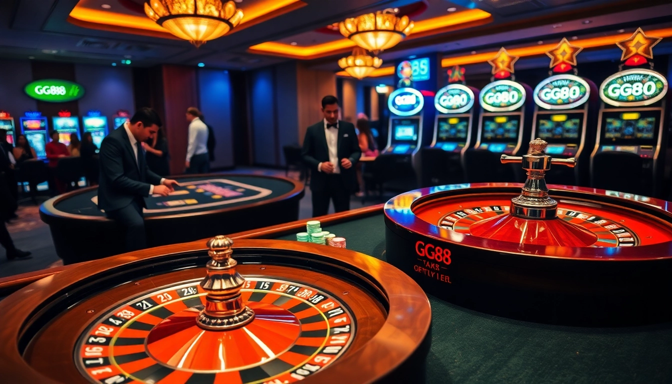 GG88 roulette wheel spinning with colorful chips on a plush velvet casino table.