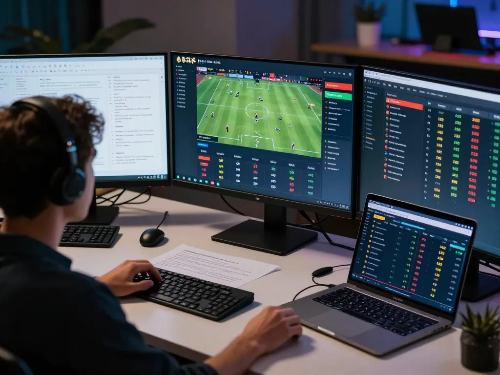 Kèo Nhà Cái sports betting setup with live odds on screens and strategy notes.
