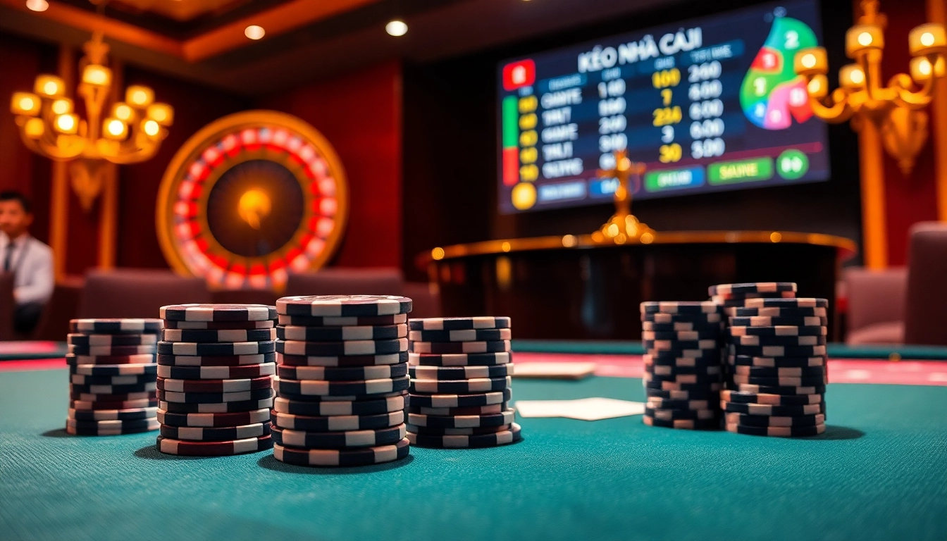 Kèo nhà cái 5 gaming table with stacked poker chips and high-quality cards creating a thrilling atmosphere.