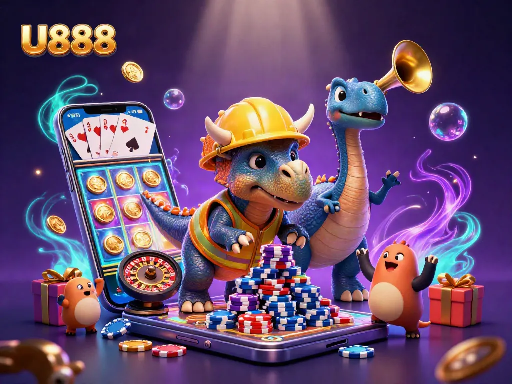 Players engage in thrilling action at U888, surrounded by vibrant gaming elements, poker chips, and celebration.