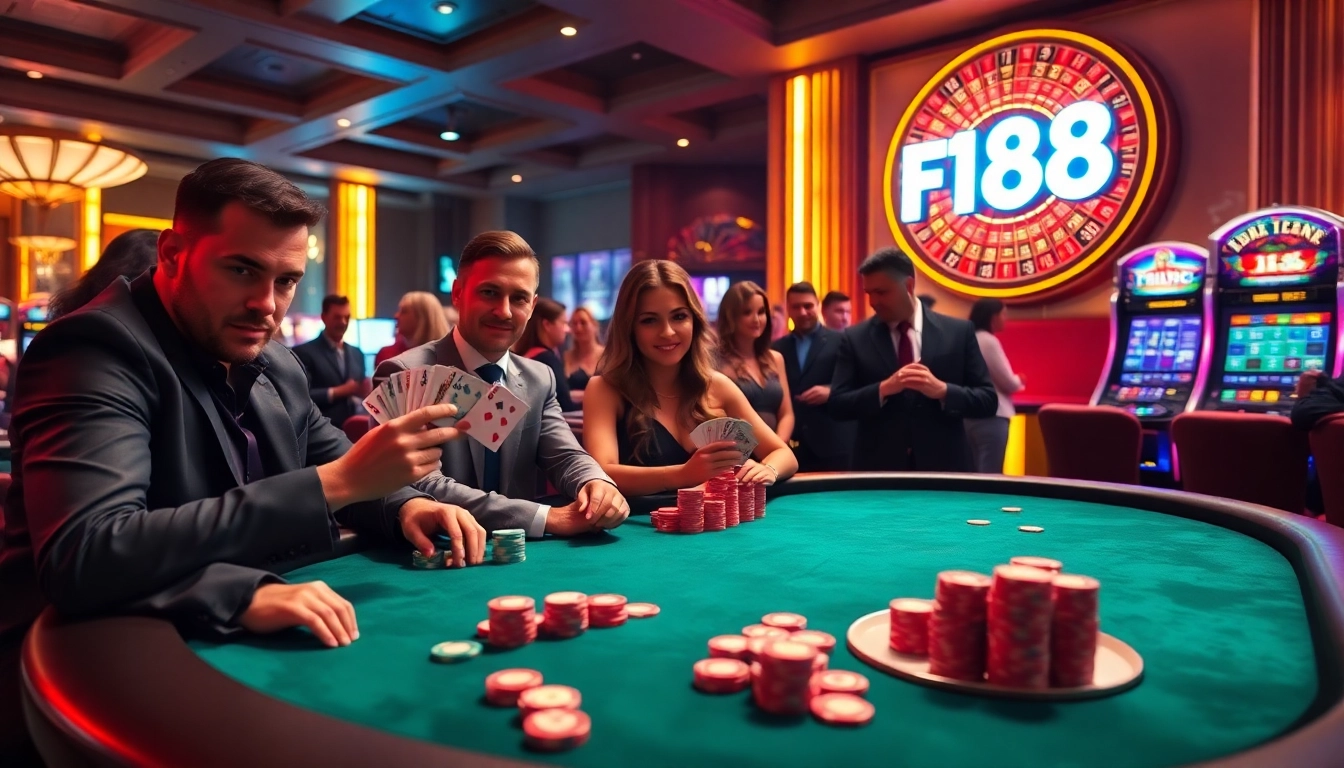 Players enjoying poker at F168 casino, surrounded by vibrant chips and an exciting atmosphere.