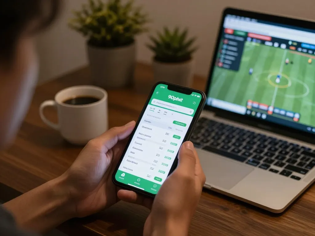 Betting on 90phut app while enjoying cozy home setup, capturing excitement of online sports gambling.