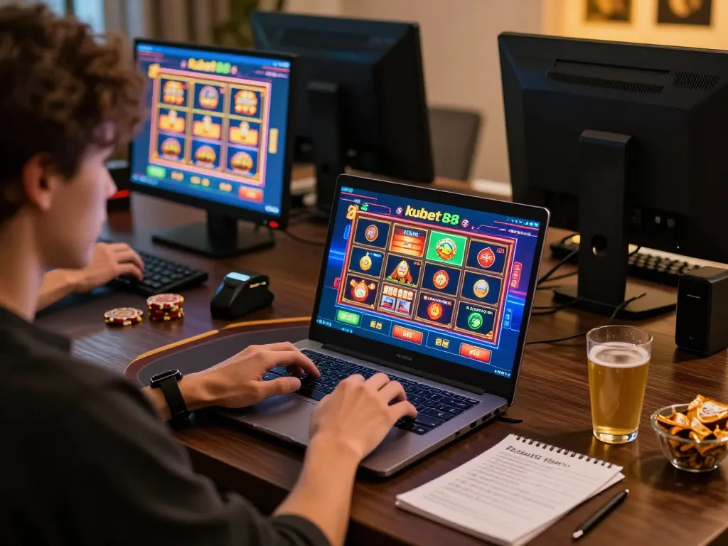 Kubet88 player engaged in online gaming at a modern home desk, showcasing strategy and excitement.
