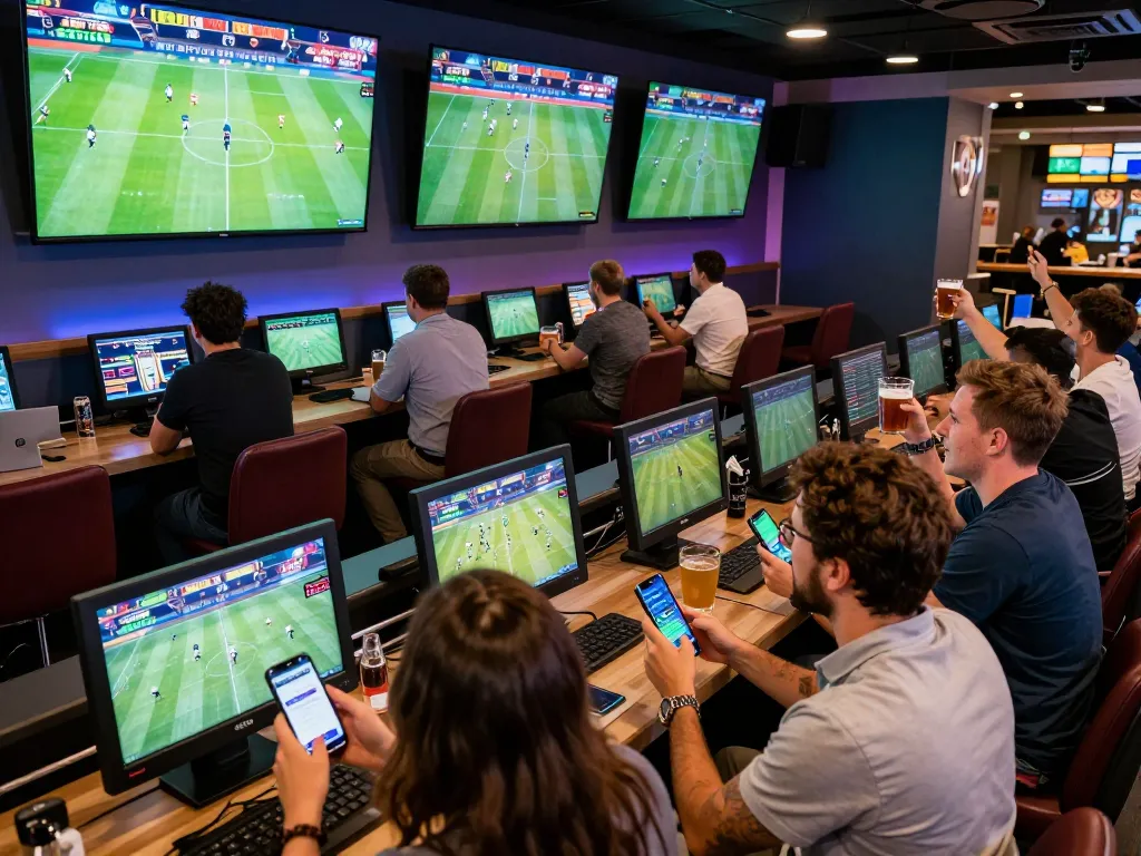 Exciting scene at ta88 Casino with bettors engaging on smartphones amid live sports matches.