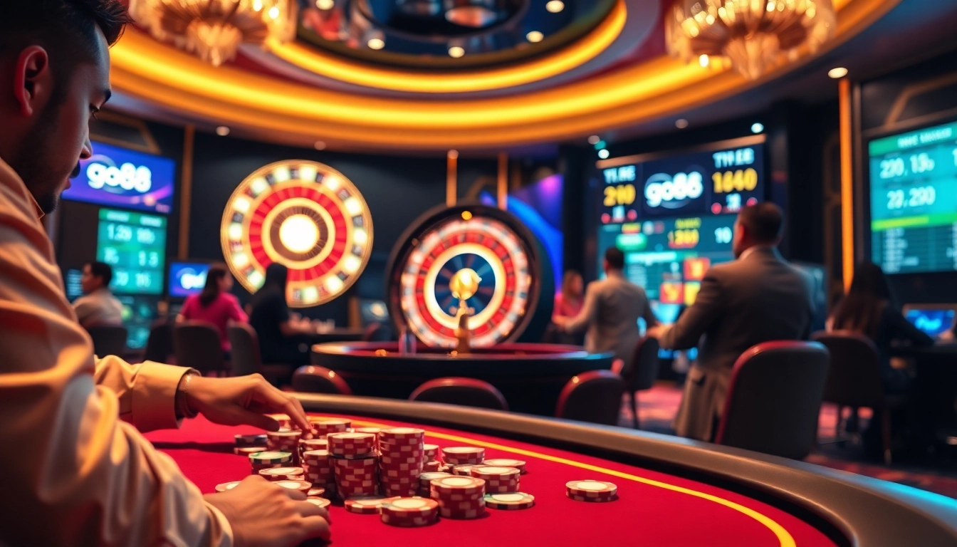 Go88 logo featured prominently on an exciting gaming table with colorful chips in a vibrant casino atmosphere.