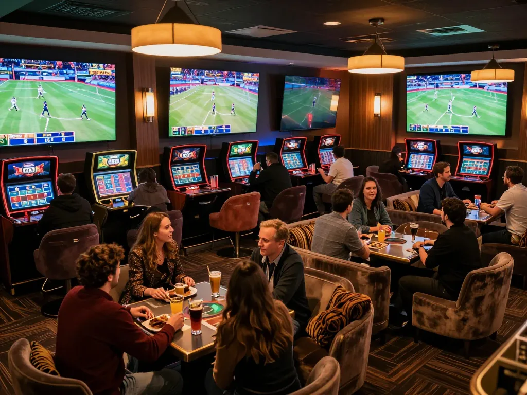 tg88 sports betting enthusiasts placing bets in a stylish lounge with live screens showcasing games