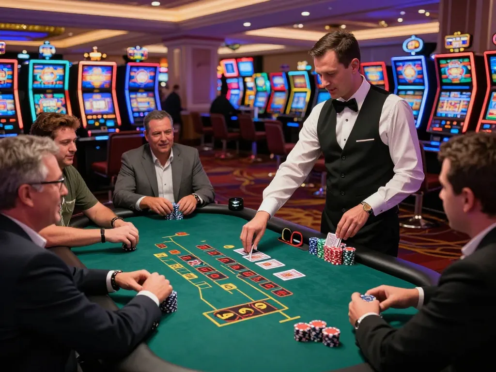 Players enjoying a thrilling blackjack game at 888VI casino table, with chips and cards visible.