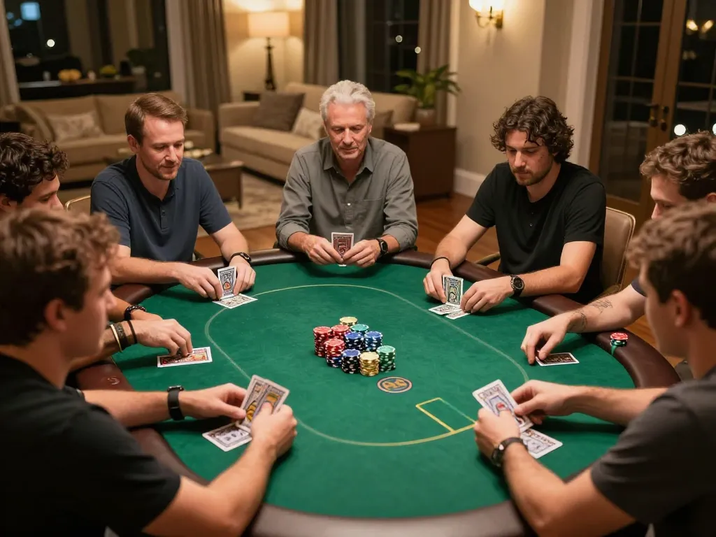 Players engaging in a friendly home poker game, illustrating zumospin opinie on casual gambling experiences.