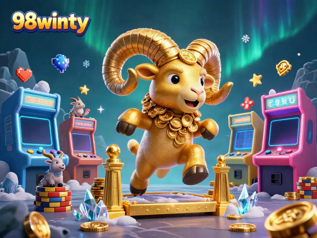 Catch the excitement with 98winty as a golden ram charges through a colorful gaming scene filled with arcade machines and shimmering coins.