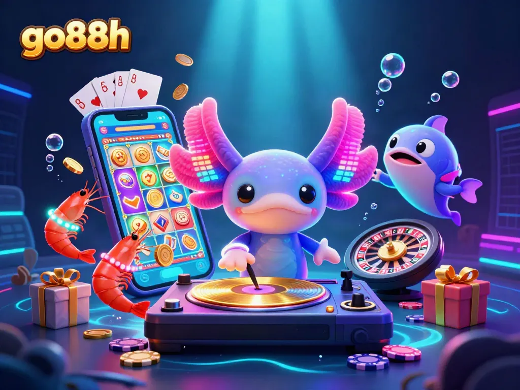 Experience go88h with vibrant axolotl DJ and dynamic casino game elements for an engaging underwater party.