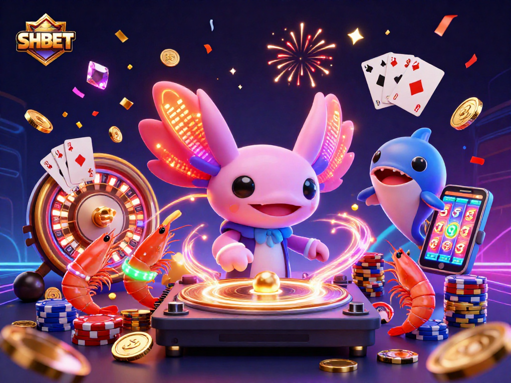 Experience exciting gaming at SHBET with animated characters, vibrant casino elements, and dynamic action and colors.