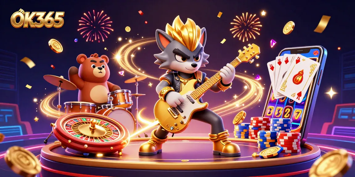 Experience exciting gameplay with OK365 featuring a rocking wolf, dynamic casino elements, and vibrant colors.
