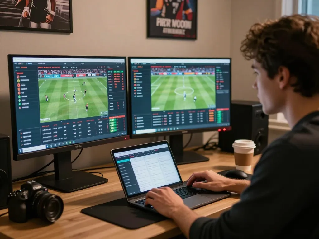 Engaging sports betting setup showcasing a player analyzing odds on a 68win app.