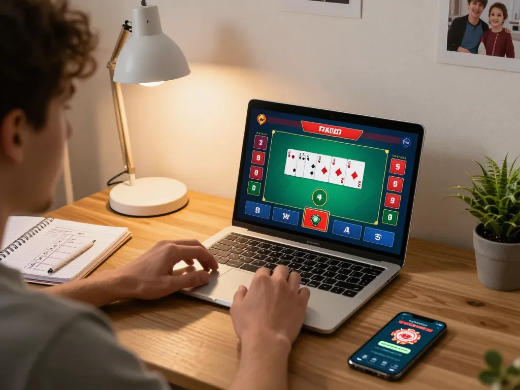 Player enjoying llwin poker game online from a cozy home setup with laptop and notes
