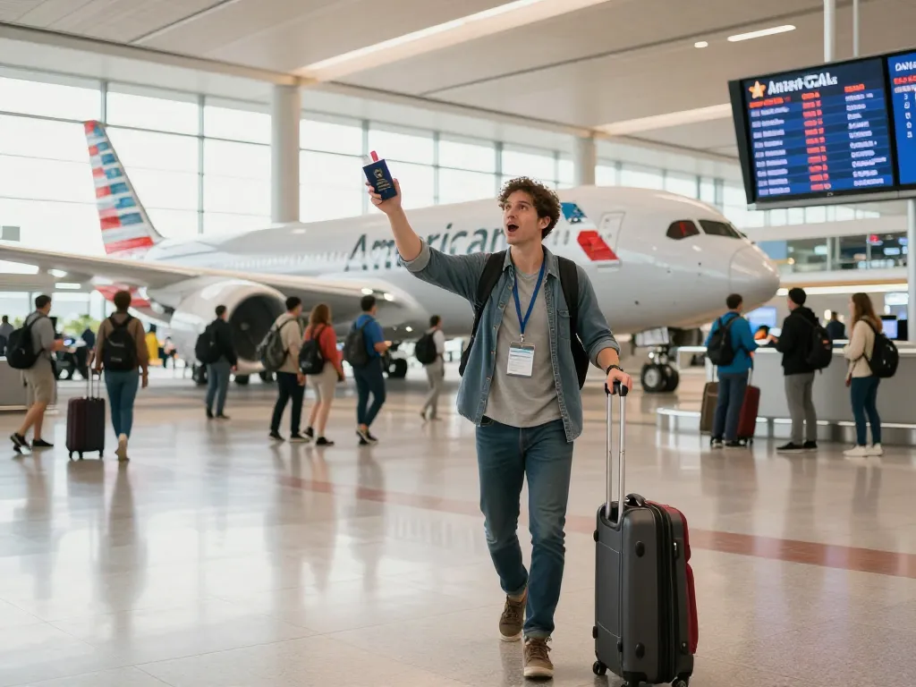 Excited traveler boarding the 789P Dreamliner at a busy airport terminal.