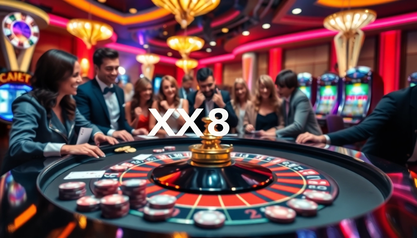 Gambling excitement at XX88 casino with players enjoying a roulette game surrounded by poker chips.