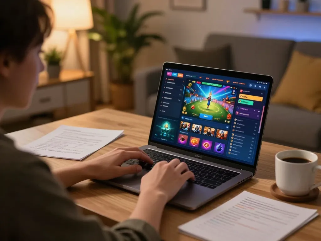 Engaging with okking platform on laptop while enjoying a cozy home gaming setup