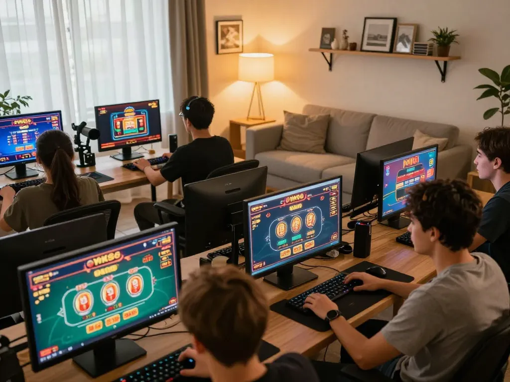 Players engaging with NK88 casino games on their devices in a cozy online gaming environment.
