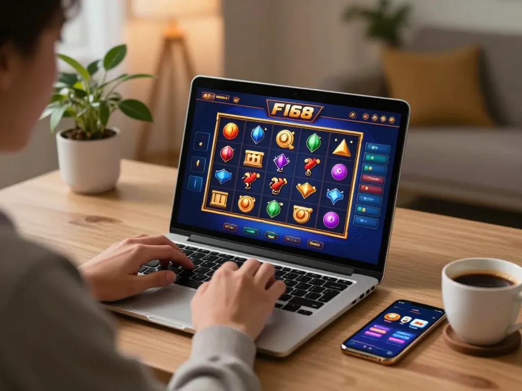Player enjoying online gaming at F168 with laptop displaying a vibrant slot game, showcasing a cozy and modern setup.