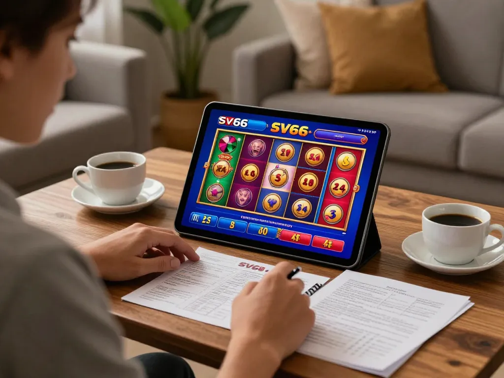 Engaging SV66 player spins the reels on a tablet, showcasing dynamic online gaming experience