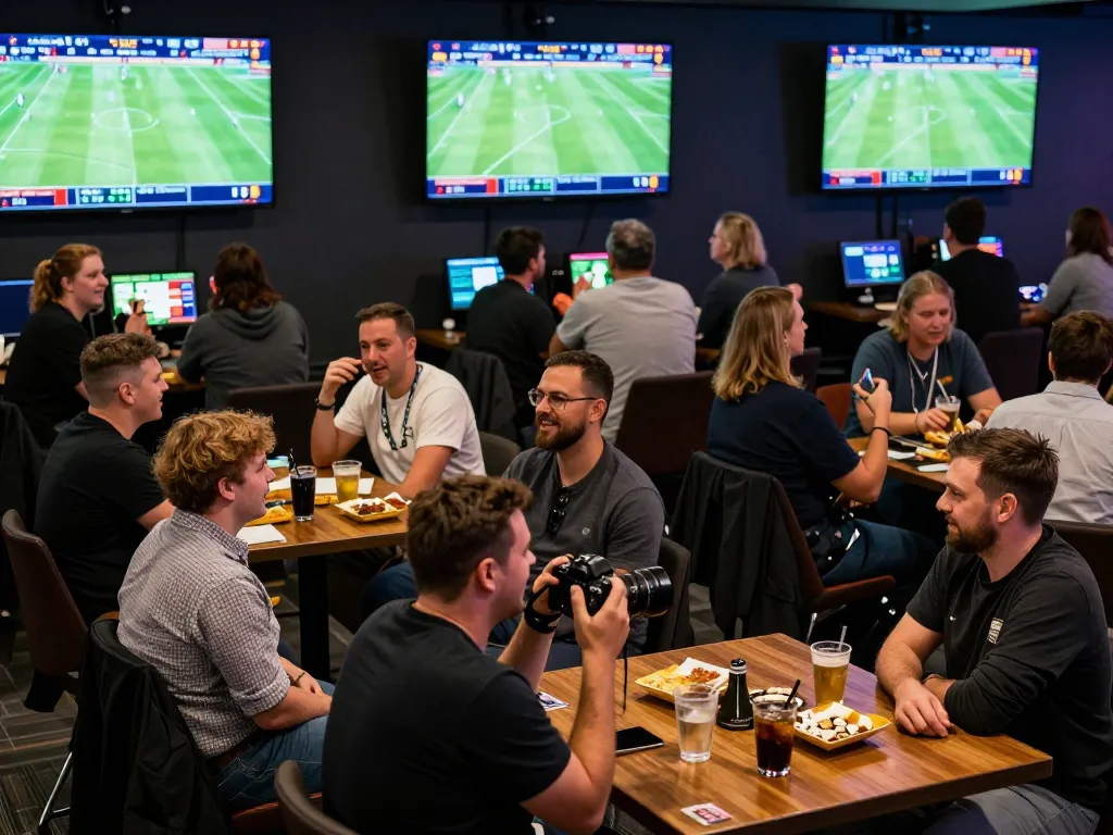 Betting on kết quả bóng đá in a lively sports bar, excited fans cheering and watching games on multiple screens.